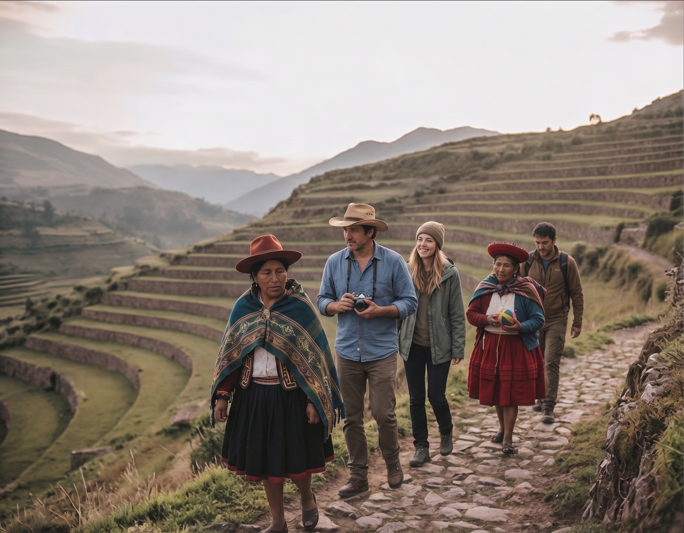 Travelers meeting local hosts in Peru